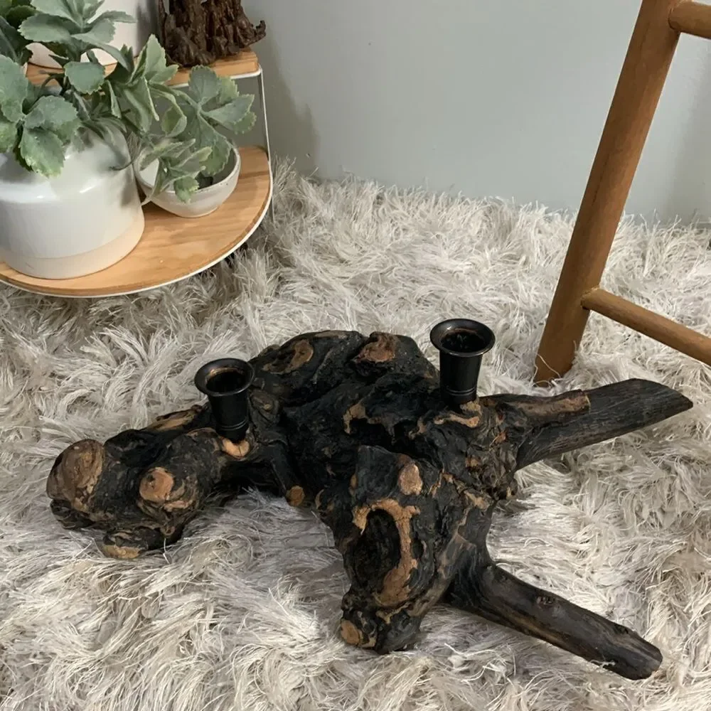 Blackened Burl Wood‎ Candle Holder Boho Rustic Decor Vintage Retro